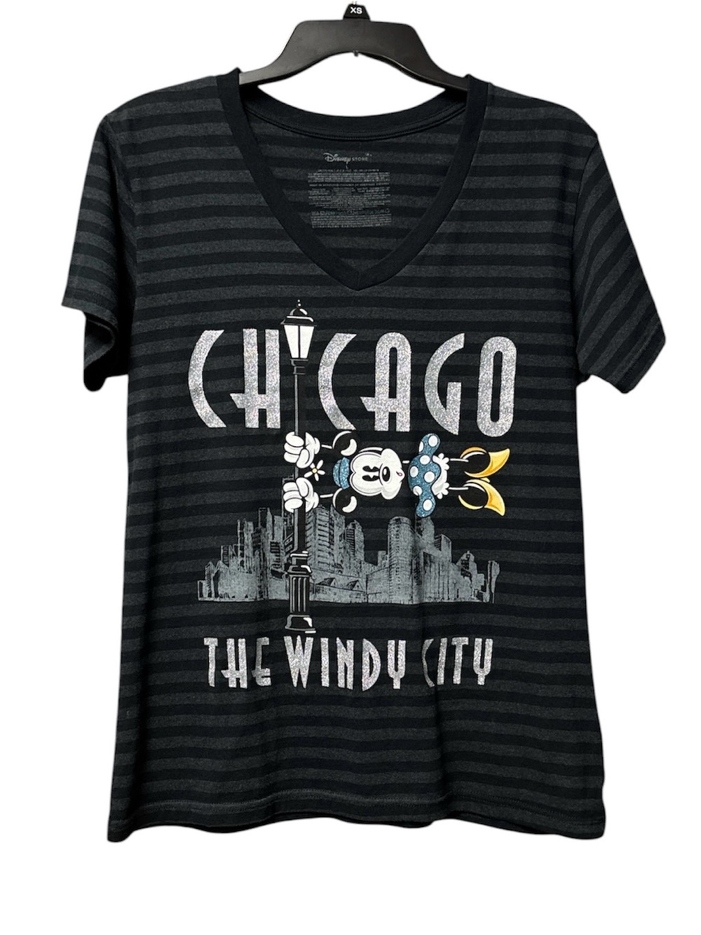 Disney Store Chicago The Windy City Black Striped Minnie Mouse V‑Neck Tee Size L